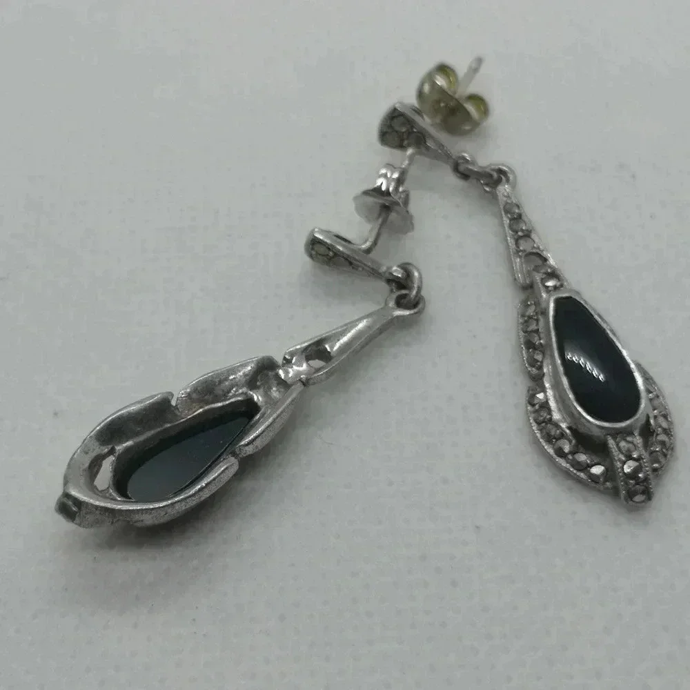 Marcasite  & jet sterling earrings - Picture 2 of 2